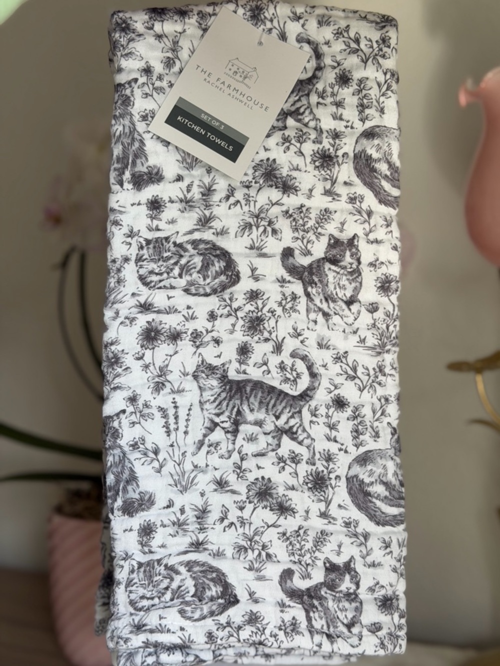 Farmhouse Rachel Ashwell kitty cat botanical floral spring gauze Kitchen Towels